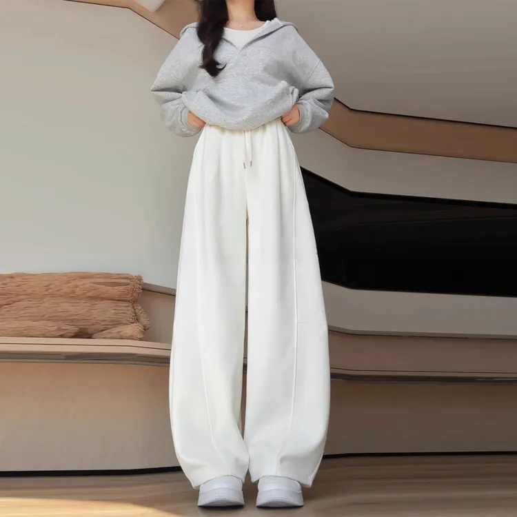 白色加绒弯刀运动裤女秋冬小众潮流休闲裤高腰显瘦小个子阔腿卫裤