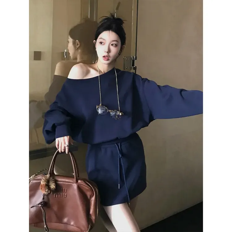 美式藏青色宽松斜领长袖卫衣女春秋爆款202新款高级感上衣即墨