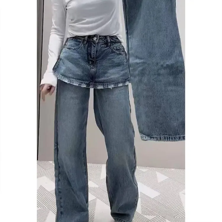 艾塔莉阔腿裤牛仔裤子女春季新款胖妹妹mm弯刀裤大码香蕉裤小个子