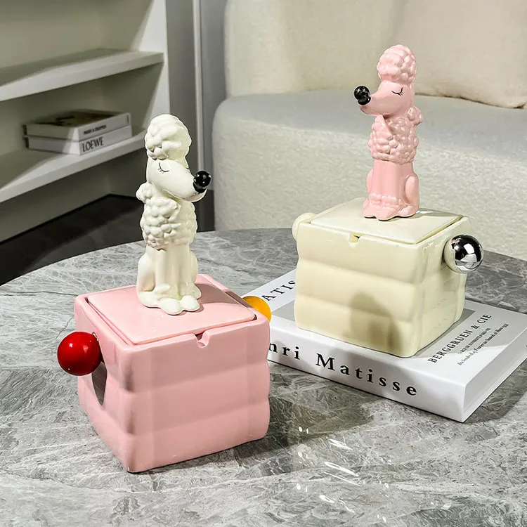 轻奢软装烟灰缸家居客厅电视柜酒柜装饰品贵宾犬动物陶瓷摆件