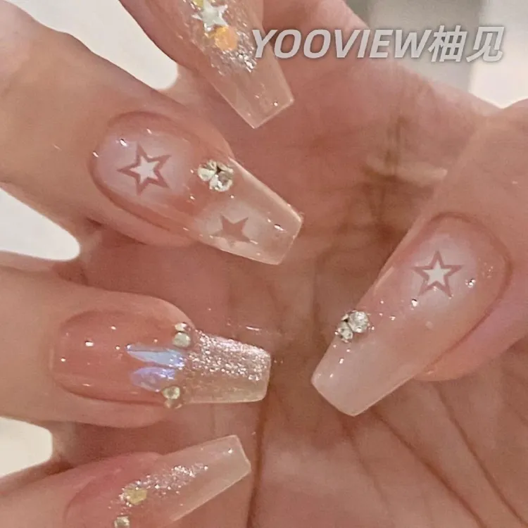 高级感穿戴甲手工光疗甲温精灵极光爆闪碎钻裸色美甲穿戴甲显白