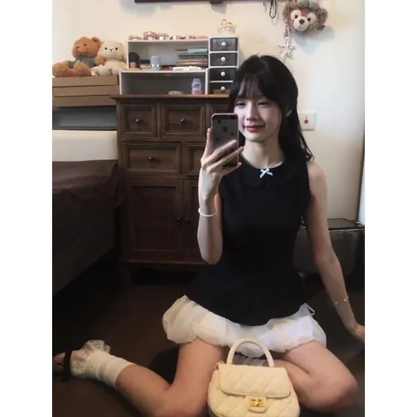 蝴蝶结娃娃领收腰显瘦女夏季气质高级感甜美修身百搭上衣短裙套装