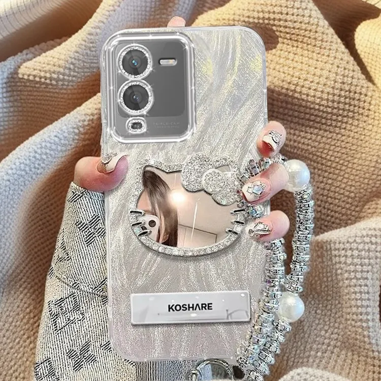 自带镜头膜VIVOS15手机壳镶钻kt猫镜子V2203A全包防摔s15pro羽纱