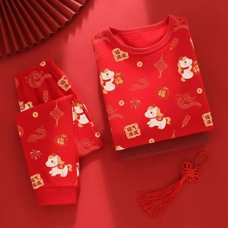 范哲萨儿童红色本命年内衣套装马年12岁男孩纯棉秋衣秋裤女孩打底