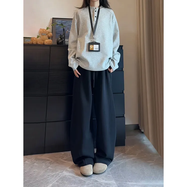 黑色重磅弯刀卫裤男款秋季高个子加长美式裤子直筒宽松阔腿运动裤