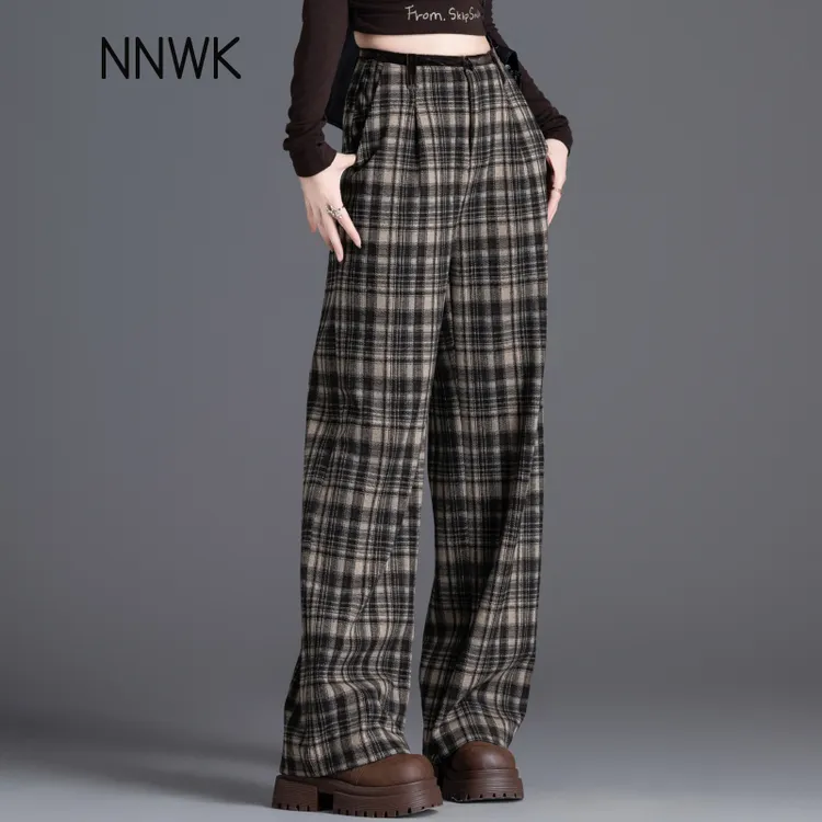 咖啡色加绒阔腿裤女2025新款秋冬加厚毛呢裤高腰休闲裤直筒格子裤