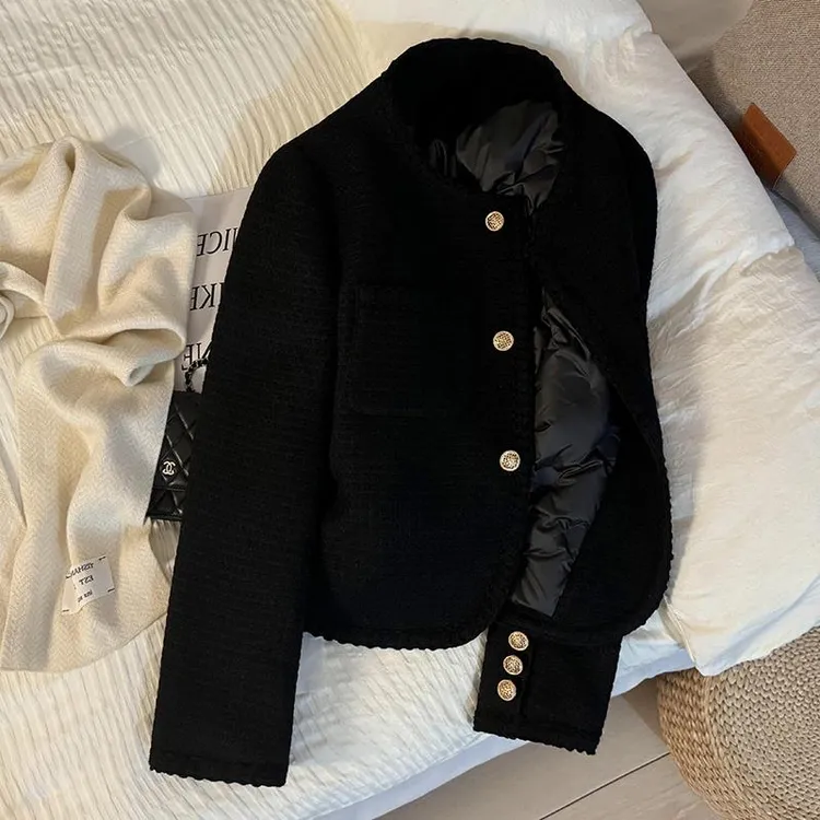 卓夕姿黑色韩版优雅粗花呢小香风短外套女冬季新款加厚内里上衣