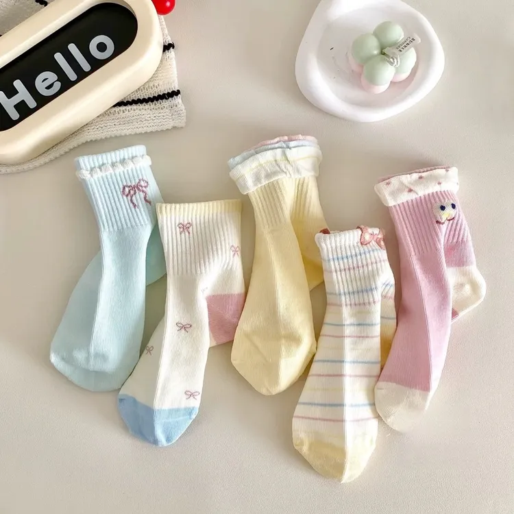 【秋冬上新】儿童袜子秋新款1-12岁中筒精梳棉袜粉色蝴蝶结中筒袜