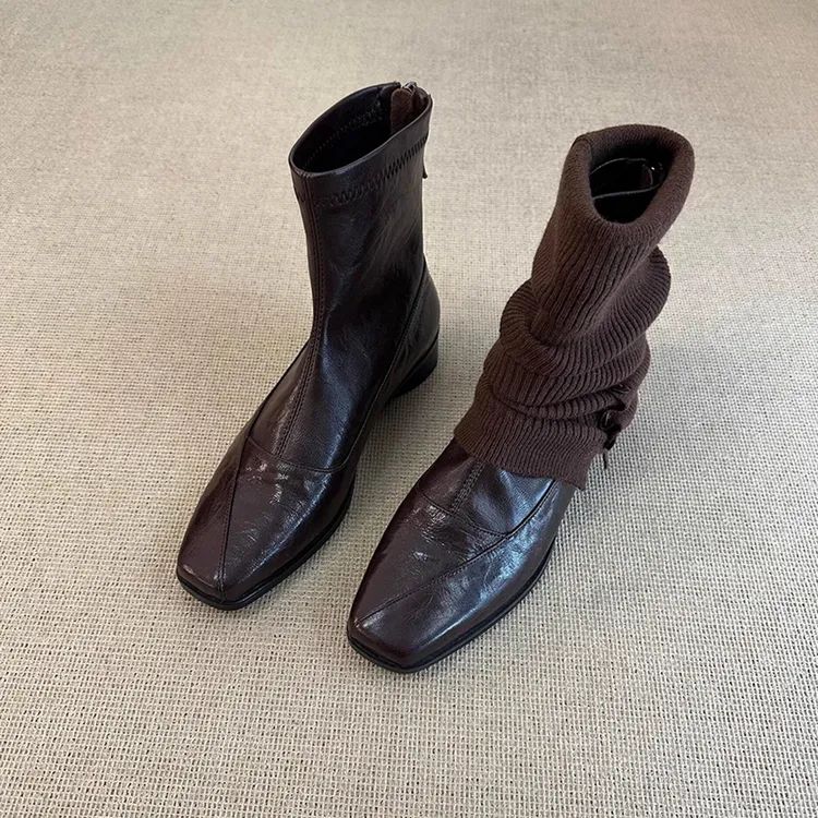 羊皮版~复古方头短靴显瘦后拉链通勤气质粗跟弹力瘦瘦靴女马丁靴