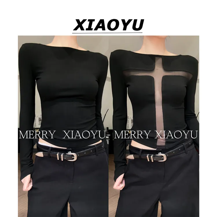 小鱼【性感御姐】辣妹十字网纱镂空透视感正反两穿秋季百搭洋气上衣