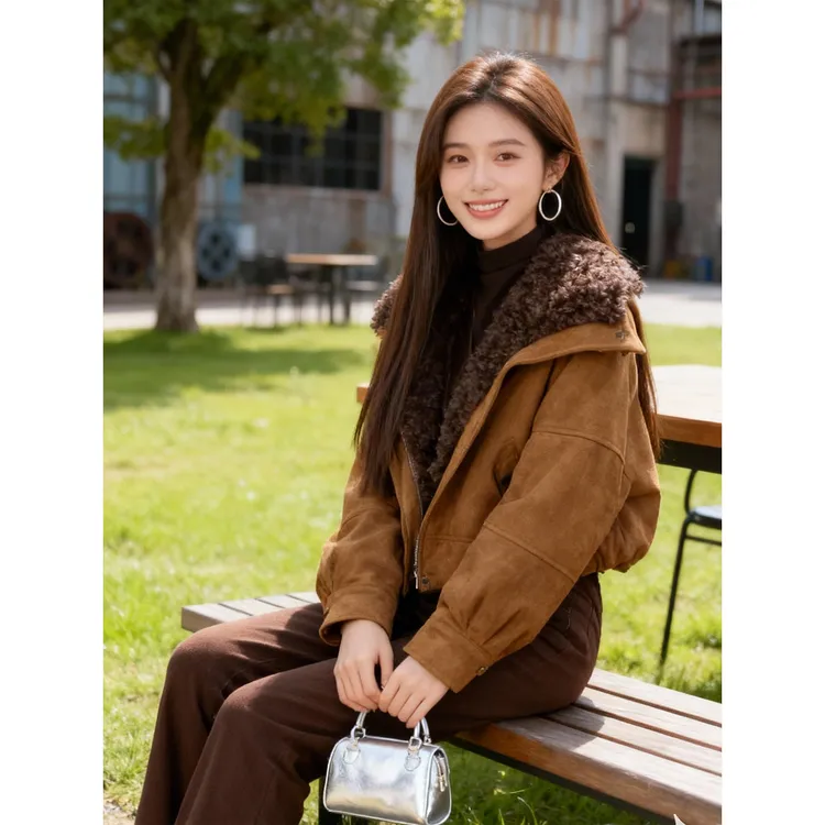 复古风毛毛领拼接加绒短款外套女2025秋冬季新款加厚保暖外套上衣