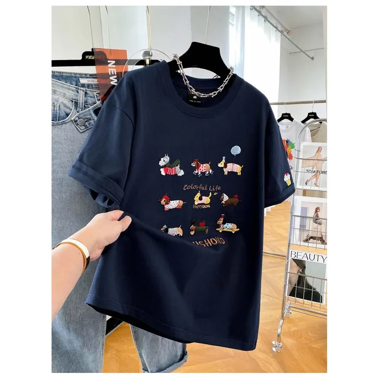 ins设计感刺绣正肩短袖t恤女2025新款大码宽松纯棉半袖上衣服