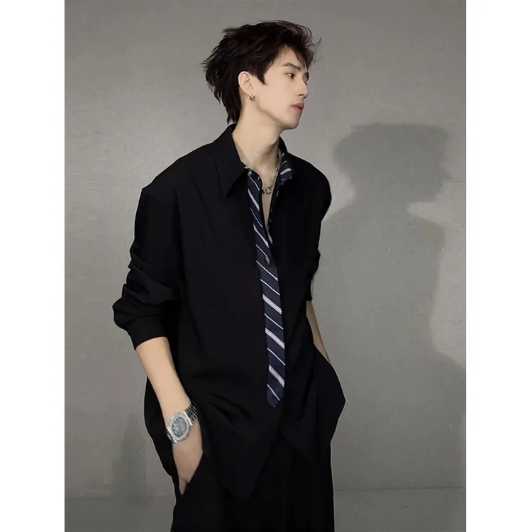 黑色假两件长袖衬衫男款秋季假领带设计感衬衣痞帅韩系学院风外套