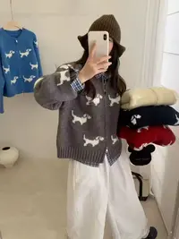 小雅姐姐  韩系趣味小狗提花双拉链圆领针织开衫毛衣KE62