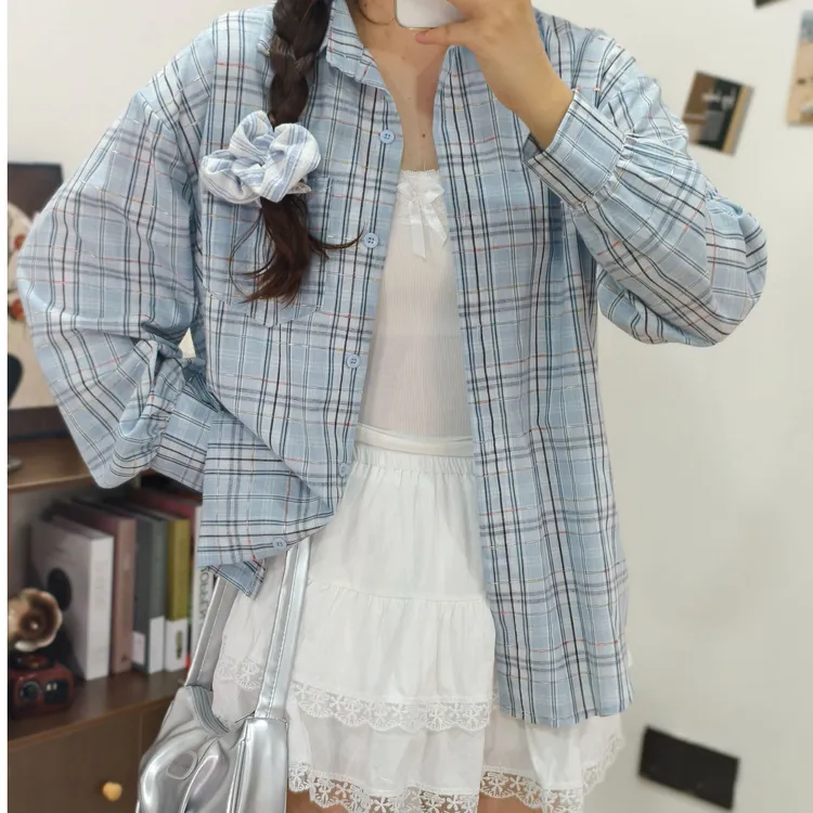 【故里】美式格纹衬衫三件套宽松显瘦休闲衬衣背心短裙套装