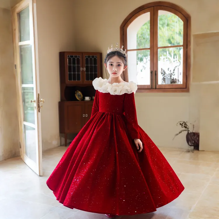红色女童礼服秋冬季花童女孩生日公主裙儿童主持人钢琴演奏演出服