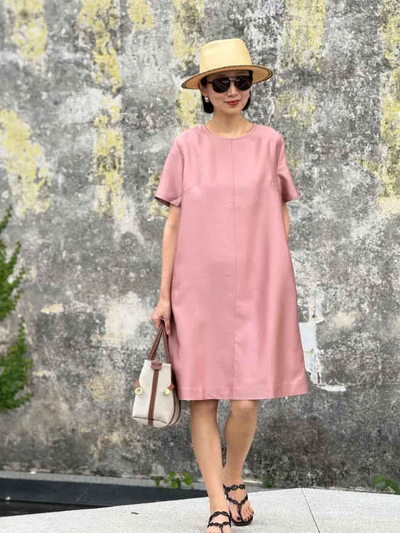 （YY推荐）干枯玫瑰 时尚夏季宽松纯色圆领简约显瘦女士连衣裙