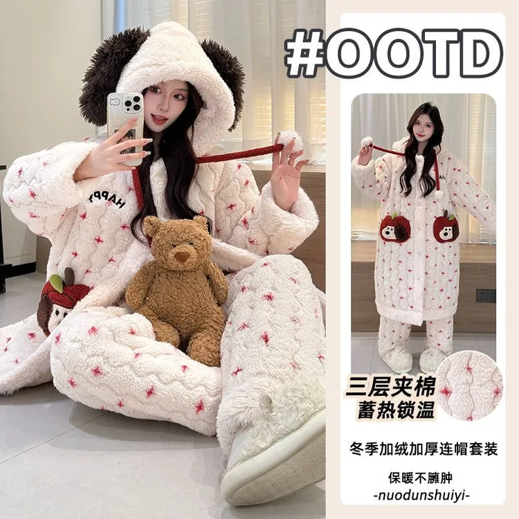 2025年秋冬款三层夹棉睡衣女苹果狗珊瑚绒加绒加厚保暖女士家居服