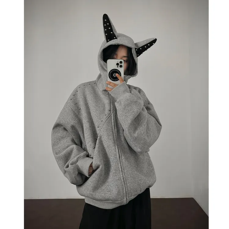 杜宾犬铆钉连帽衫卫衣男女款秋冬美式复古情侣开衫外套重磅设计感