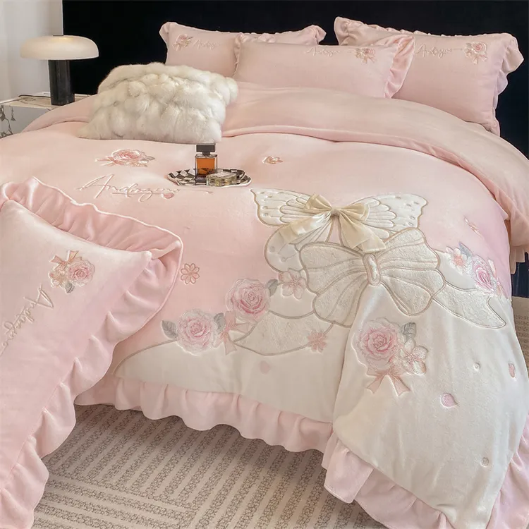 公主风韩版加厚刺绣牛奶绒四件套双面绒保暖防静电被套床单母婴级