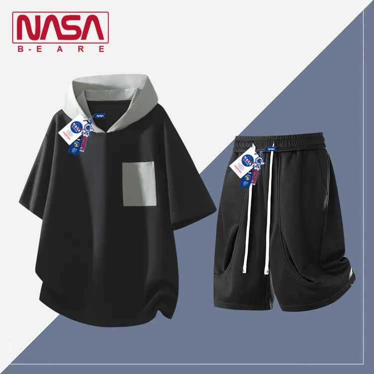 NASA联名美式连帽运动短袖套装男夏季薄款宽松休闲T恤短裤两件套