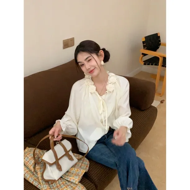 【赵小小&香氛莉莉丝】7292 玫瑰花蝴蝶结衬衫夏喇叭袖系带法式上衣