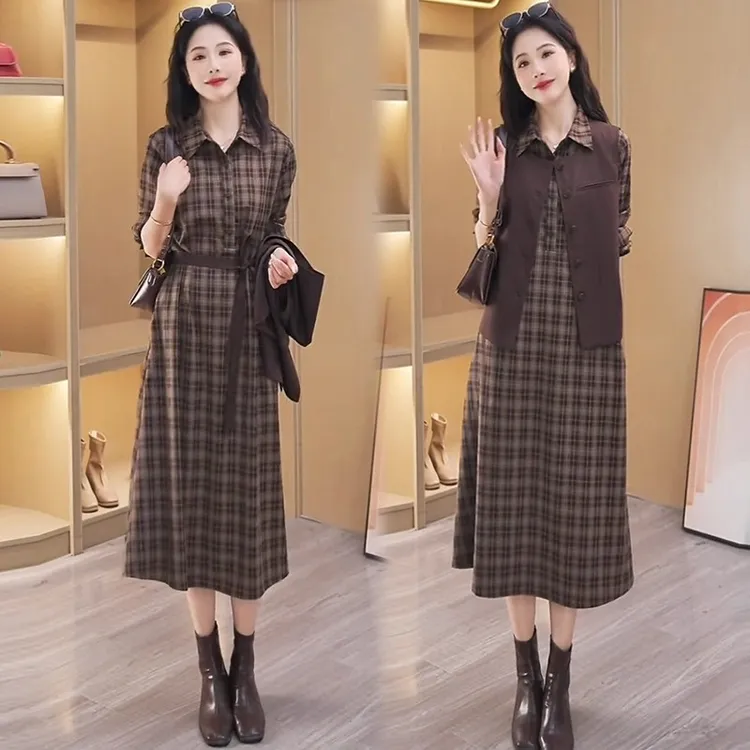拉夏贝尔小香风套装连衣裙2025春秋新款复古格子气质高级感两件套