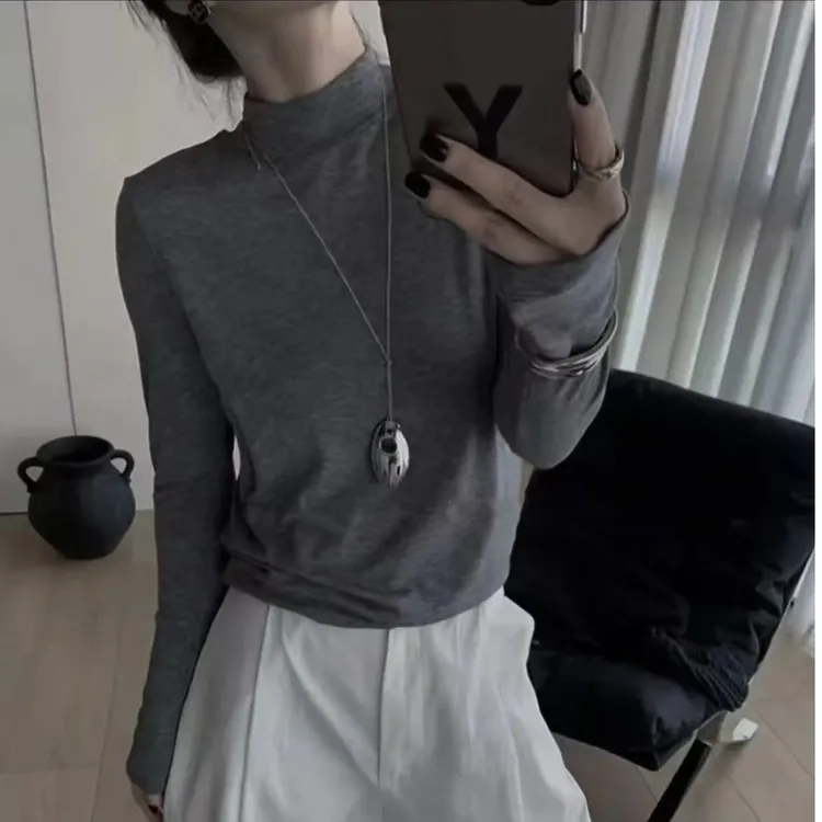 纯色简约时尚百搭圆领休闲设计感韩版气质半高领长袖打底衫708
