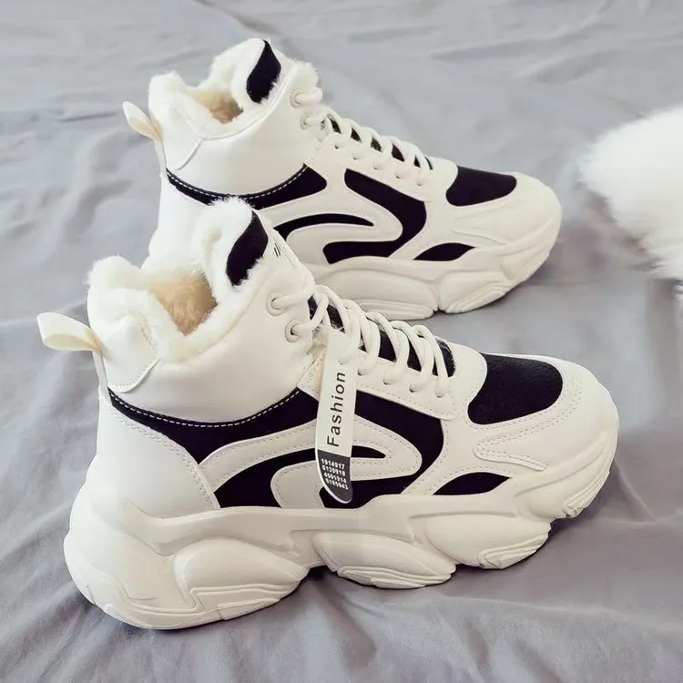百搭厚底加绒加厚保暖冬季雪地靴女鞋运动鞋老爹鞋韩版高帮秋冬网