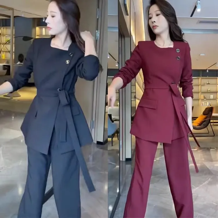 2025秋季大码洋气时尚气质风设计感收腰胖mm西服上衣长裤两件套女