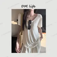 DMlife【氧气面膜】大U领短袖t恤女高弹力垂感宽松显瘦口袋体恤上衣