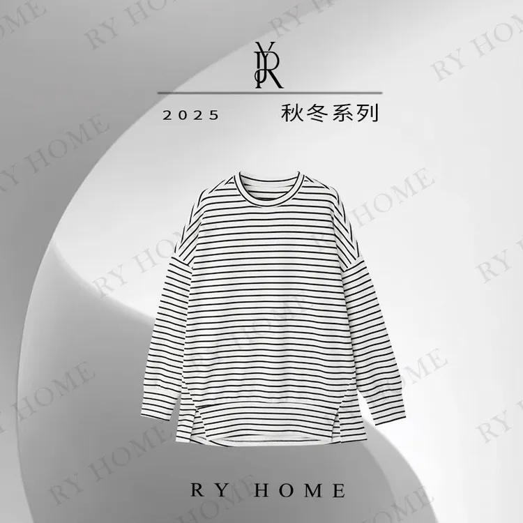 【容雨RYHOME】慕斯绒条纹圆领慵懒风长袖T恤253T2216