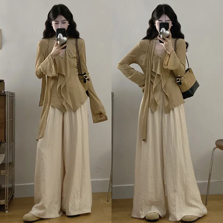 大码胖mm松弛系设计感飘带V领秋季新款长袖上衣+裤子两件套装女