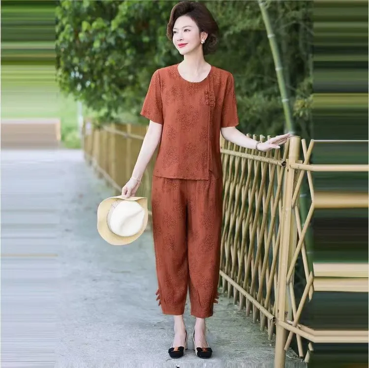妈妈夏装新款国风棉麻套装洋气中老年女装夏季遮肉显瘦两件套
