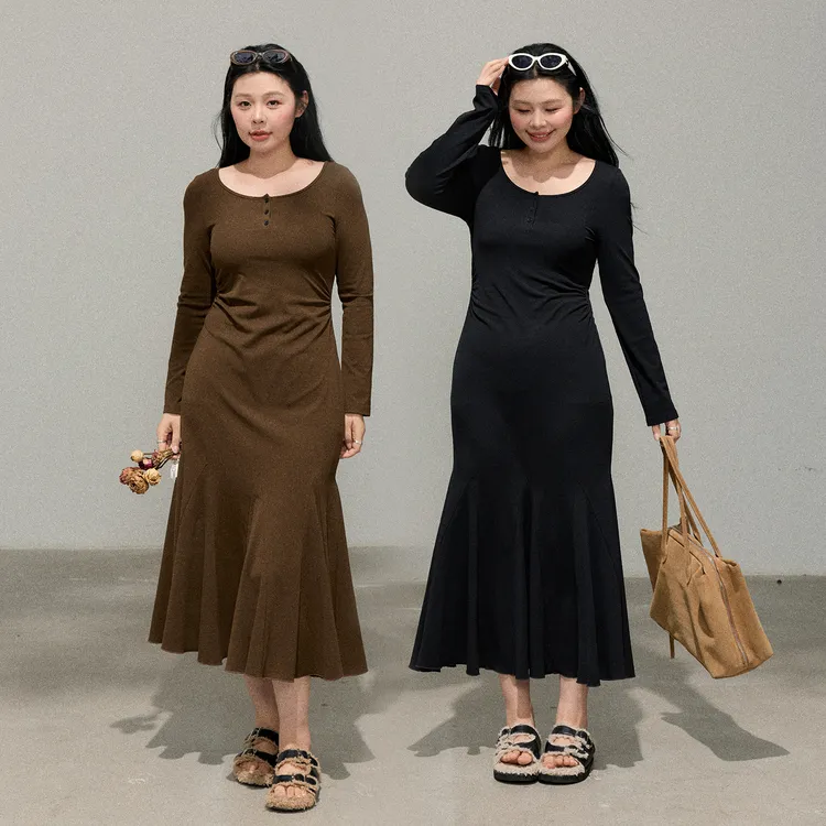 张大人【黑巧太妃感】大码女装微胖妹妹秋季显瘦收腰褶皱鱼尾连衣裙