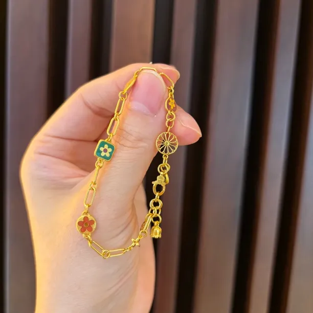 足金999 老花风黄金手链 鸡蛋花花时尚可爱少女心手链
