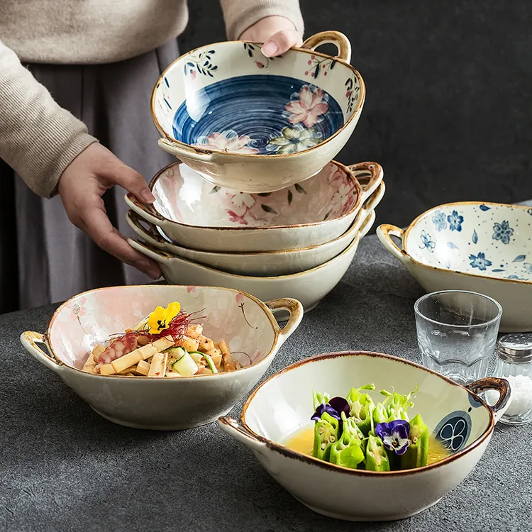 造器面碗双耳汤碗陶瓷餐具甜品碗高级感水果沙拉碗创意燕麦酸奶碗