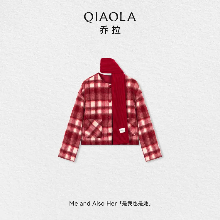 QIAOLA/乔拉【雪顶山楂】秋冬季白鸭绒羊毛圆领格纹毛呢羽绒外套