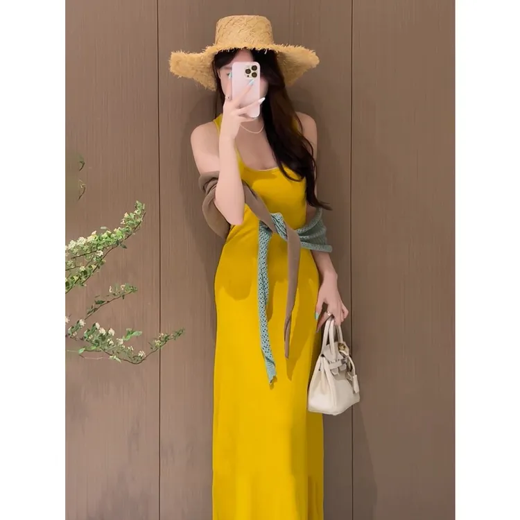 气质修身U领背心连衣裙女中长裙撞色披肩两件套套装显瘦时尚小众