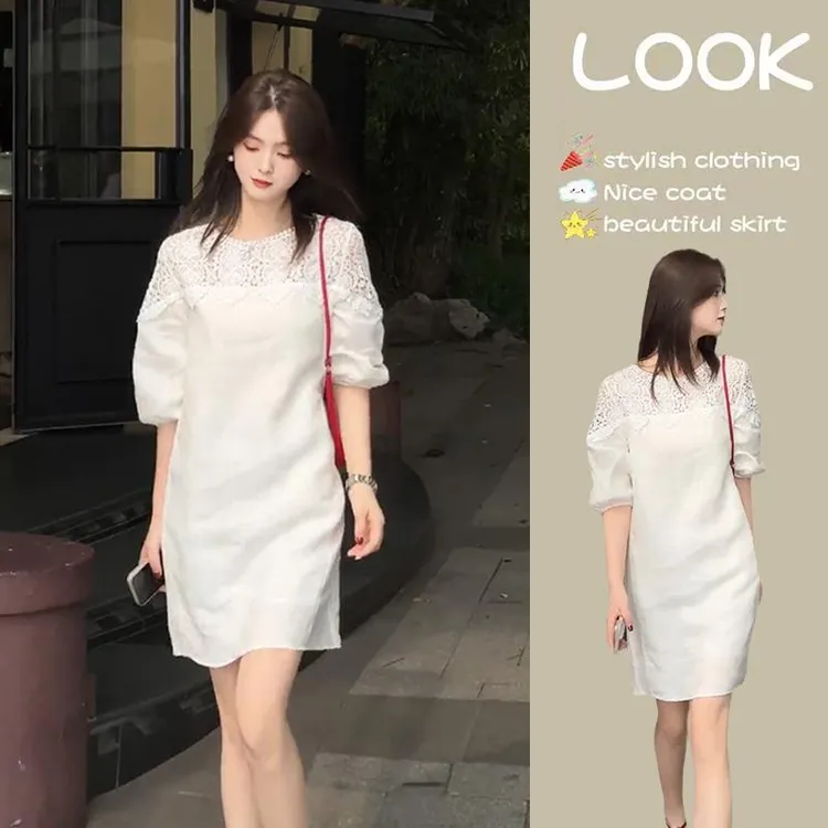 法式镂空中袖连衣裙女简约气质休闲宽松显瘦短裙2024夏季新款女装
