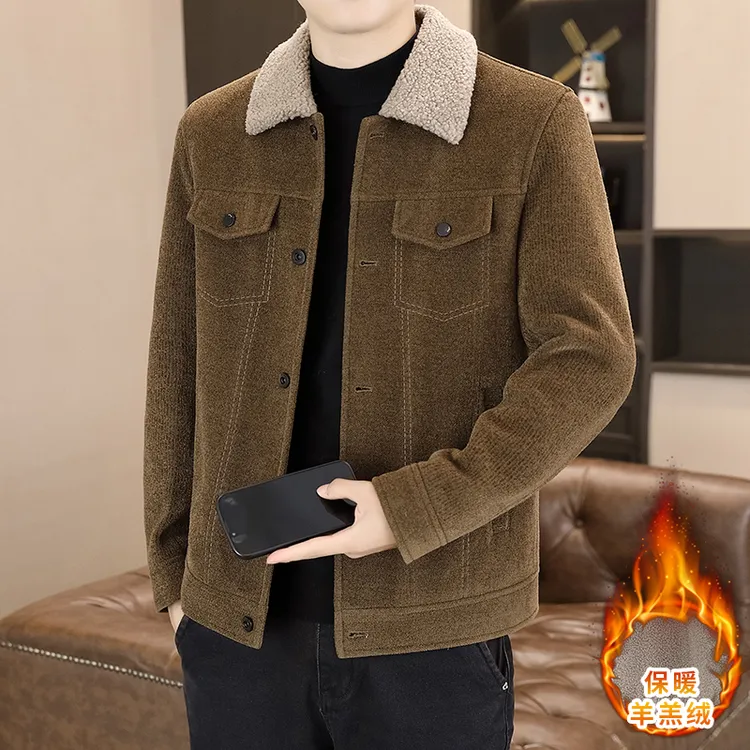 翻领男士仿羊羔绒保暖纽扣宽松型冬季加绒加厚保暖夹克上衣