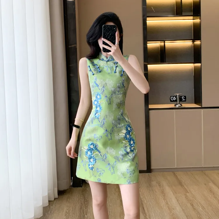 夏季新中式提花绝美改良旗袍裙小个子国风复古气质盘扣背心连衣裙