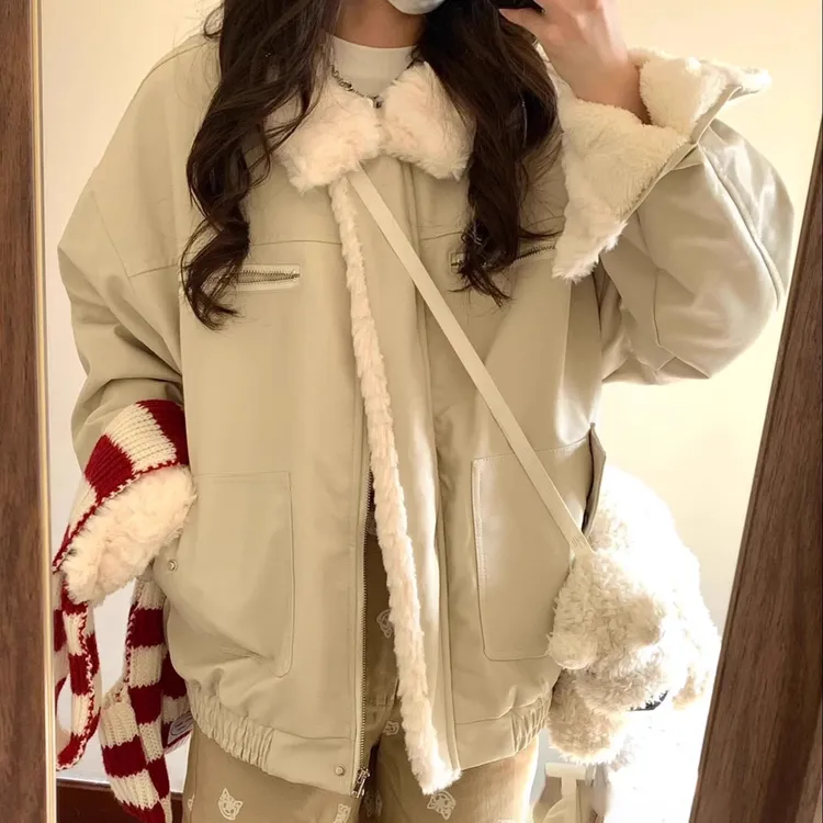 美式翻领夹克棉服女冬季2025新款慵懒风加绒加厚韩版宽松棉衣外套