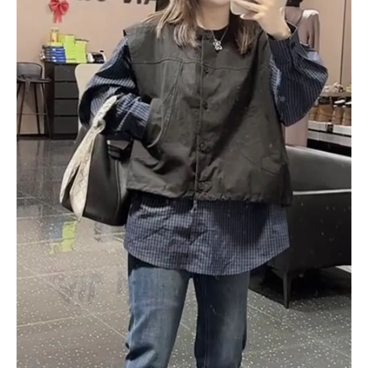 萱贝纯时尚减龄假两件马甲衬衫女2025秋季新款设计感条纹上衣开衫