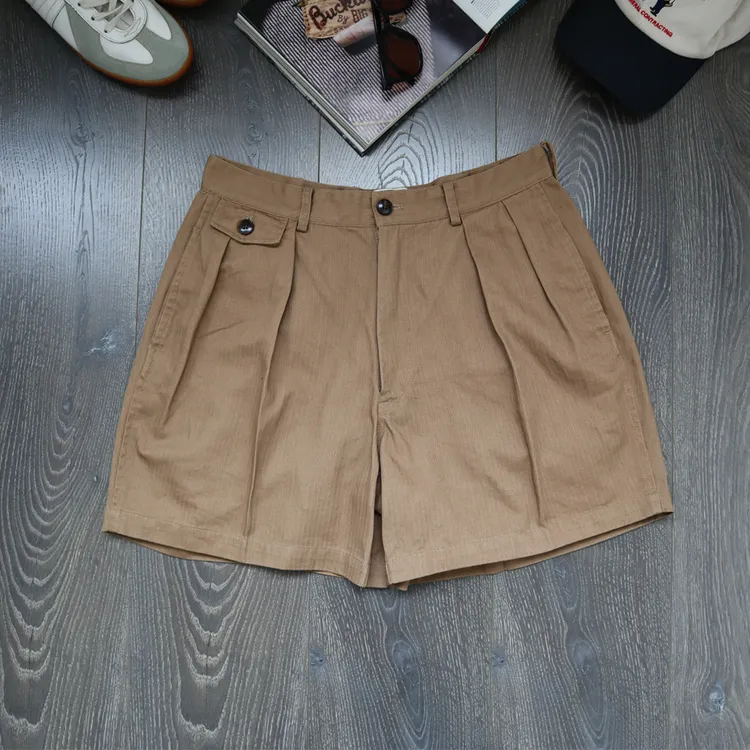 HALLOYUEYI鱼骨纹纯棉水洗做旧双褶工装美式复古咔叽宽松休闲短裤