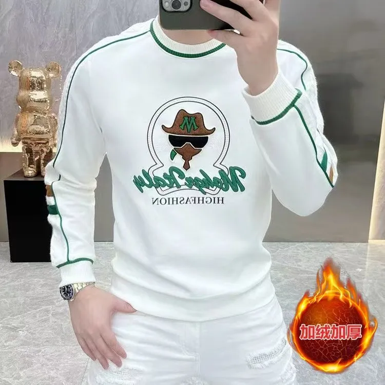 2025欧版新款高品质加绒男士刺绣时尚保暖潮流百搭打底衫长袖卫衣