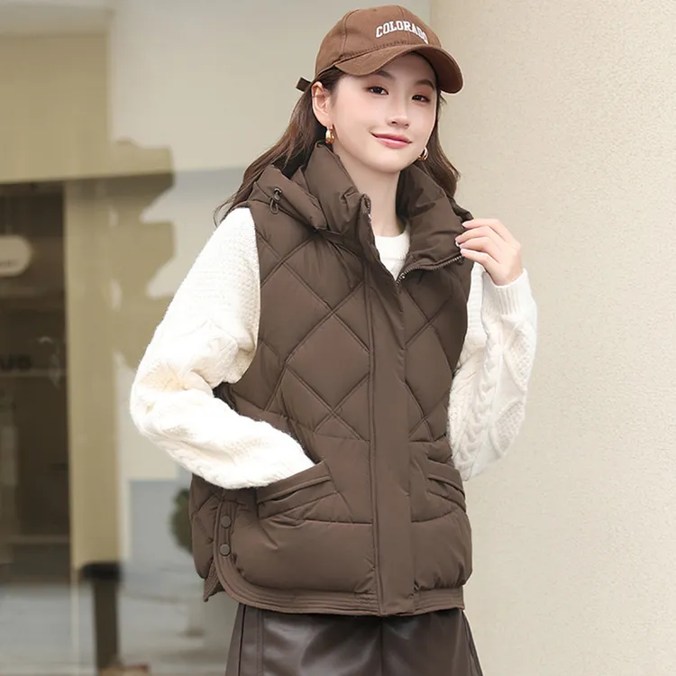 秋冬时尚百搭菱形格棉马甲女冬短款外穿连帽洋气马夹外套坎肩背心