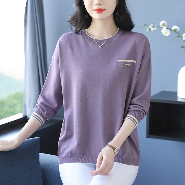 中年妈妈春装上衣薄款洋气百搭打底衫2025新款大码冰丝针织衫显瘦