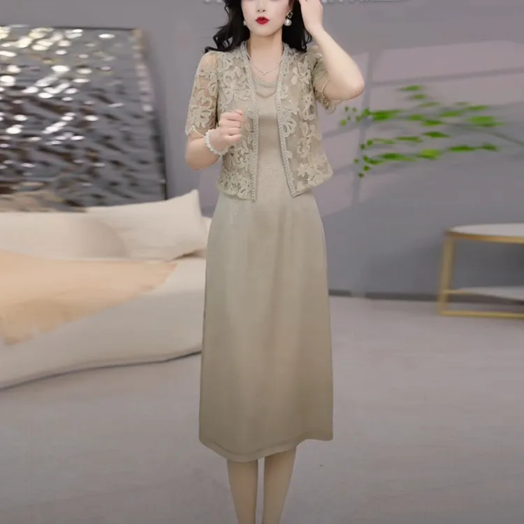冰丝缎名媛轻奢套装裙2025夏季新款高级感气质短袖两件套连衣裙子