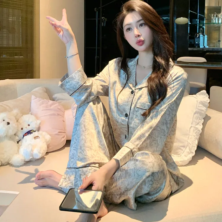 2025春秋季新款睡衣女轻奢长袖长裤水墨画风气质家居服套装